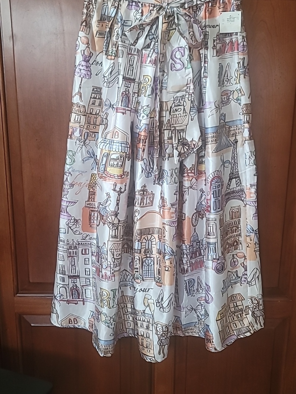 Paris City scape Silky Artsy Coquettegirl Midi Skirt with Tie Elastic Waist SZ L